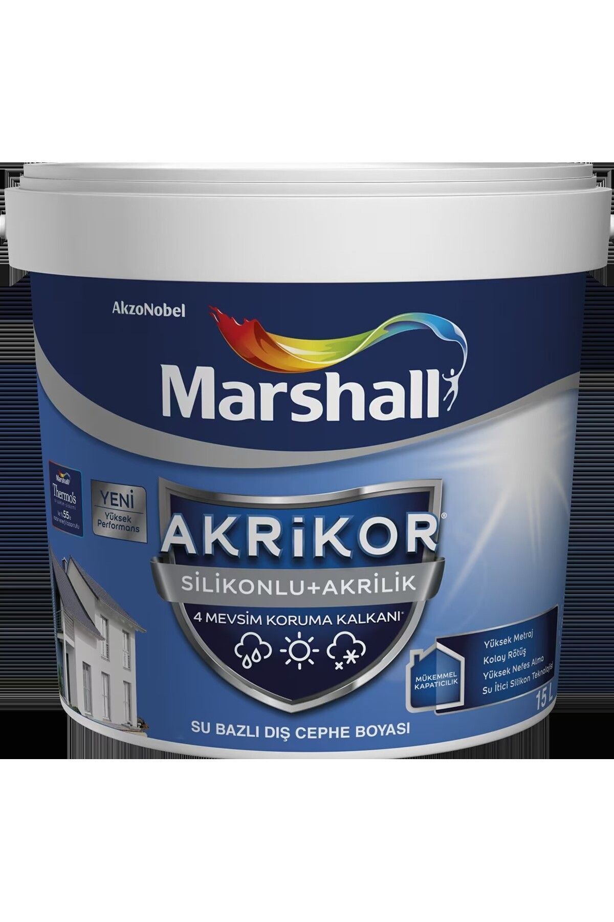 Marshall Akrikor Silikonlu Akrilik Dış Cephe Boyası 15lt/20kg-Beyaz-4 Mevsim Koruma Sağlar