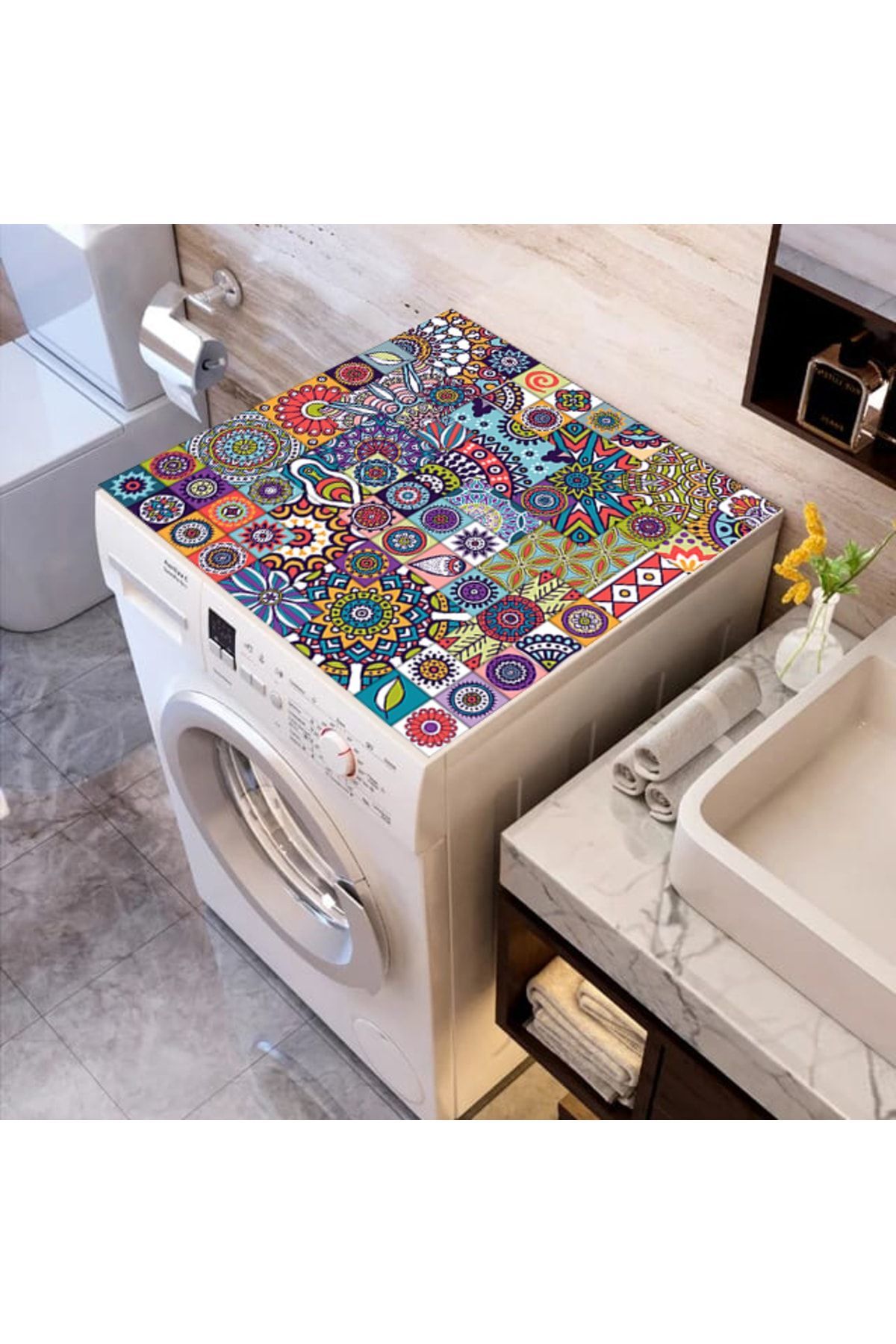 ALAMODECOR Renkli Baskılı Çamaşır Makine Örtüsü Kumaş Örtü Renkli Mandala 62 Cm X 62 Cm | Banyo Düzenleyici
