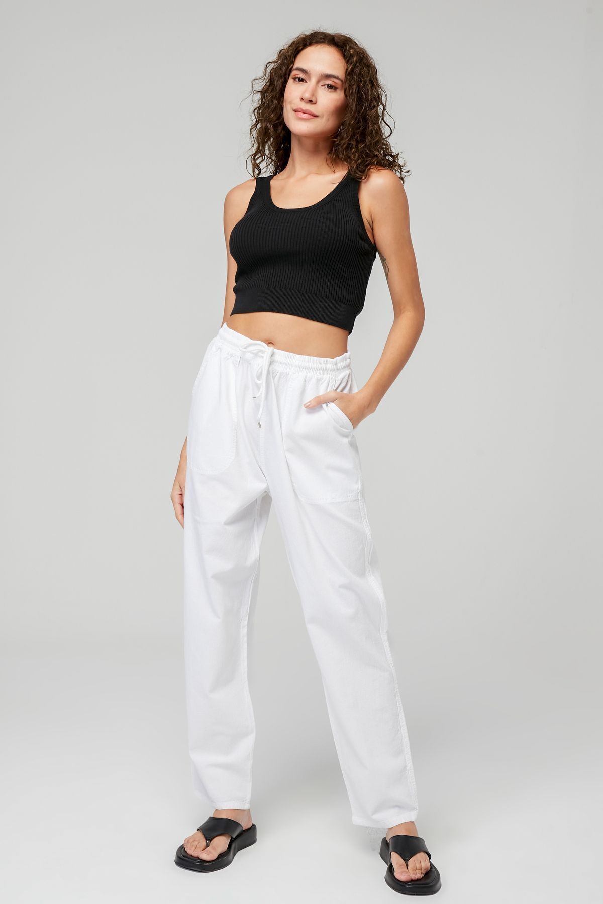 MONAHA Kadın Beyaz Yüksek Bel Beli Lastikli Keten Görünümlü %100 Pamuk Pantolon