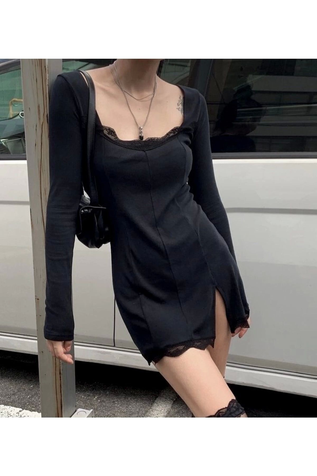 DarkellaStore Lolita Dantelli Yırtmaçlı Uzun Kollu Mini Elbise