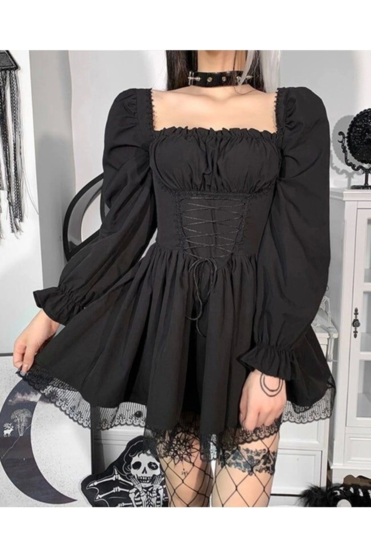 DarkellaStore Gotik Lolita Victorian Bağcıklı Volanlı Uzun Kollu Elbise
