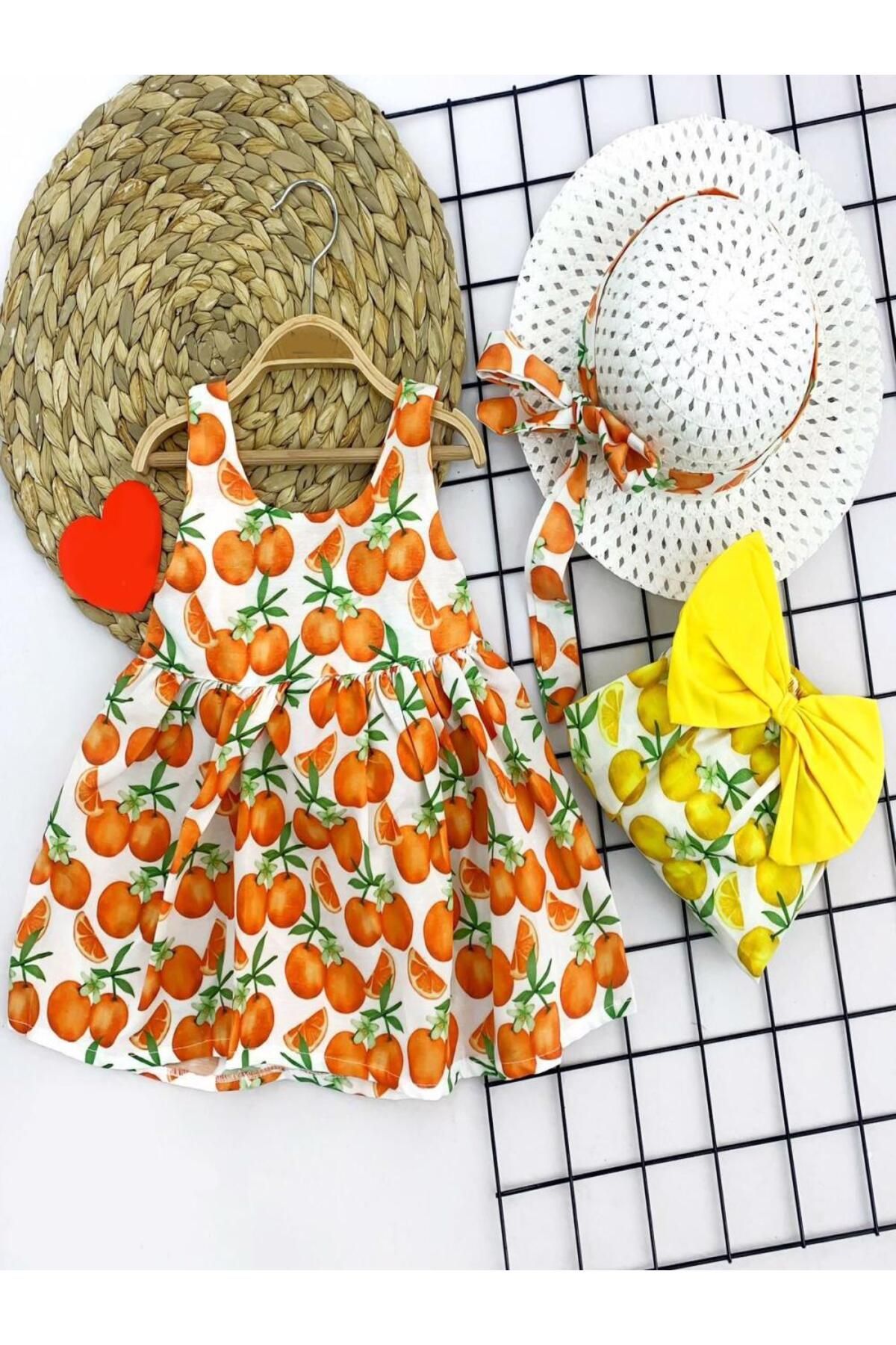 Genel Markalar Hasır Şapkalı Meyve Desenli Askılı 2li Kız Bebek Elbisesi