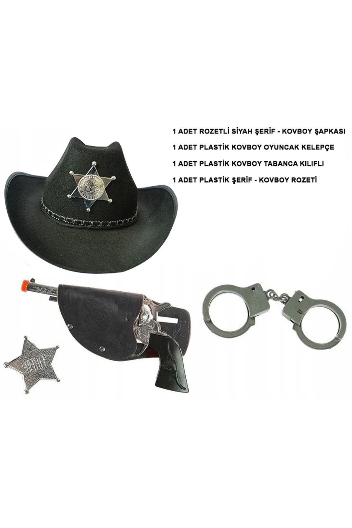 Genel Markalar Çocuk Boy Siyah Şerif-kovboy Şapka Tabanca Rozet Ve Kelepçe Seti 4 Parça