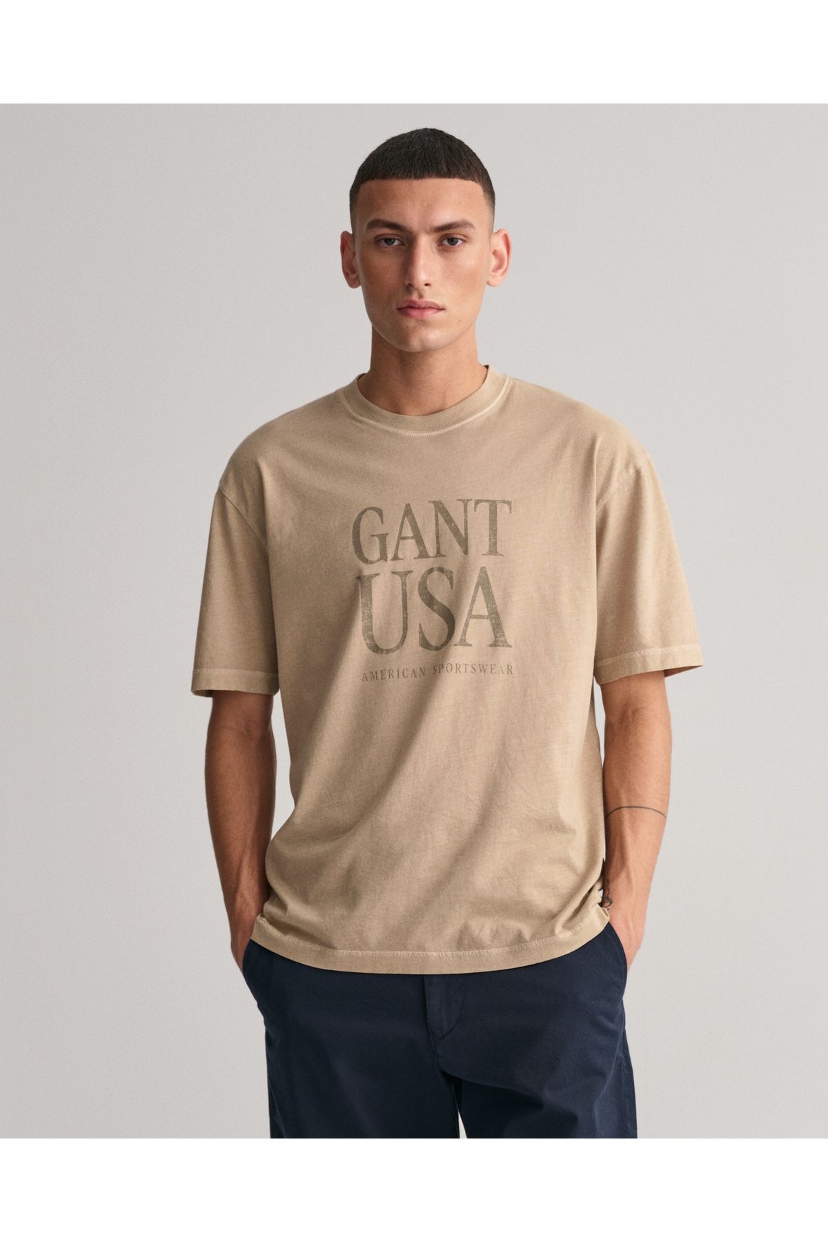 Gant Erkek Bej Regular Fit Bisiklet Yaka Logolu T-shirt