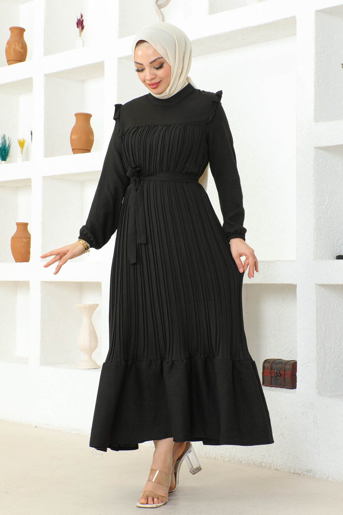 İmajButik Siyah Piliseli Kuşaklı Elbise