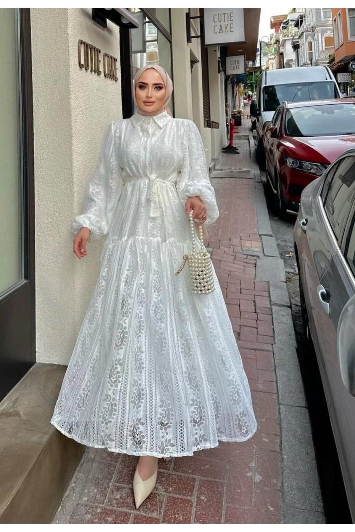 comstar Kadın Güpür Desenli Gömlek Yaka Elbise