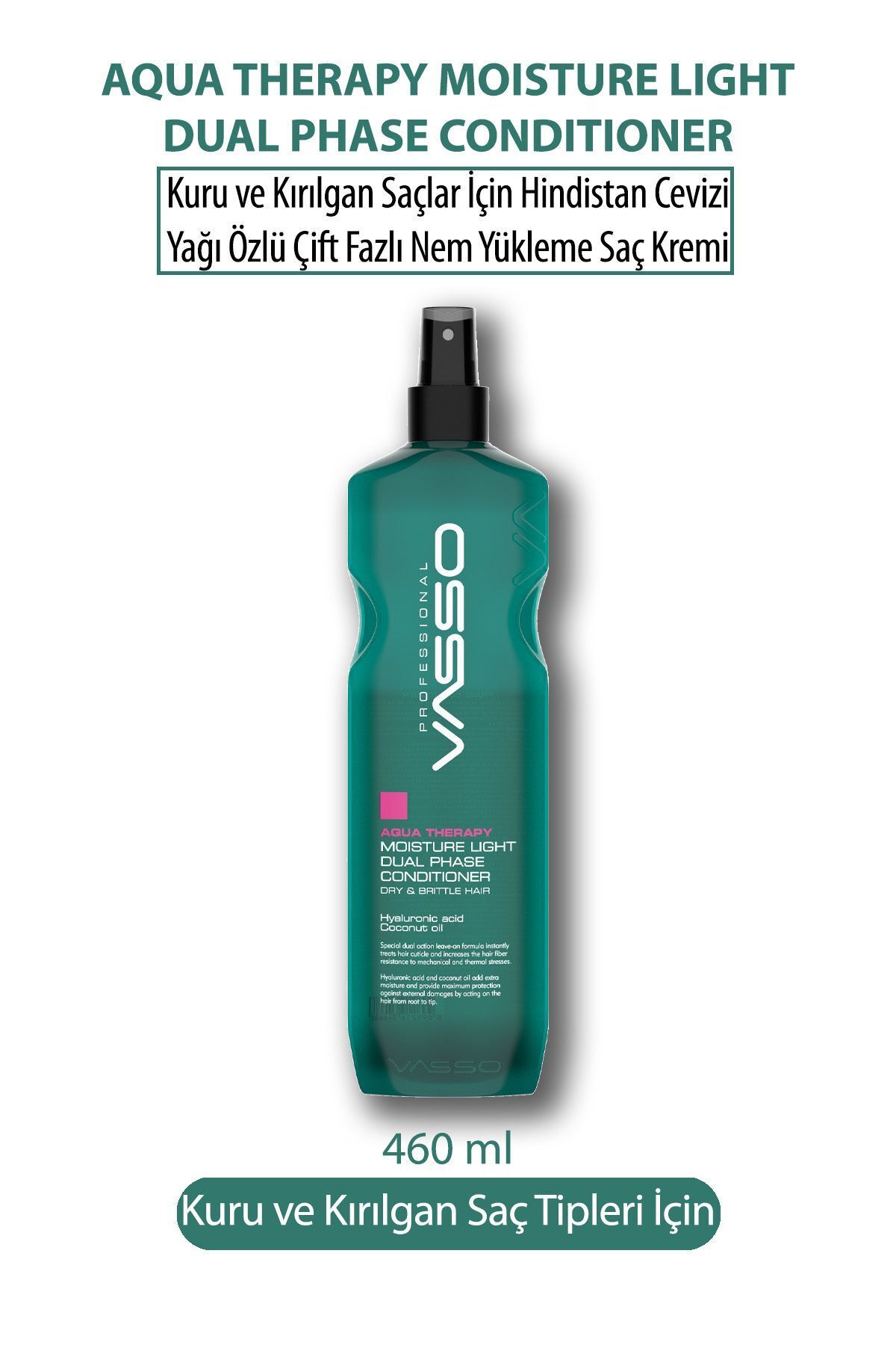 VASSO WOMEN Hindistan Cevizi Yağı Özlü Nem Yükleme Çift Fazlı Durulanmayan Sprey Krem-vasso Aqua Therapy 460 ml