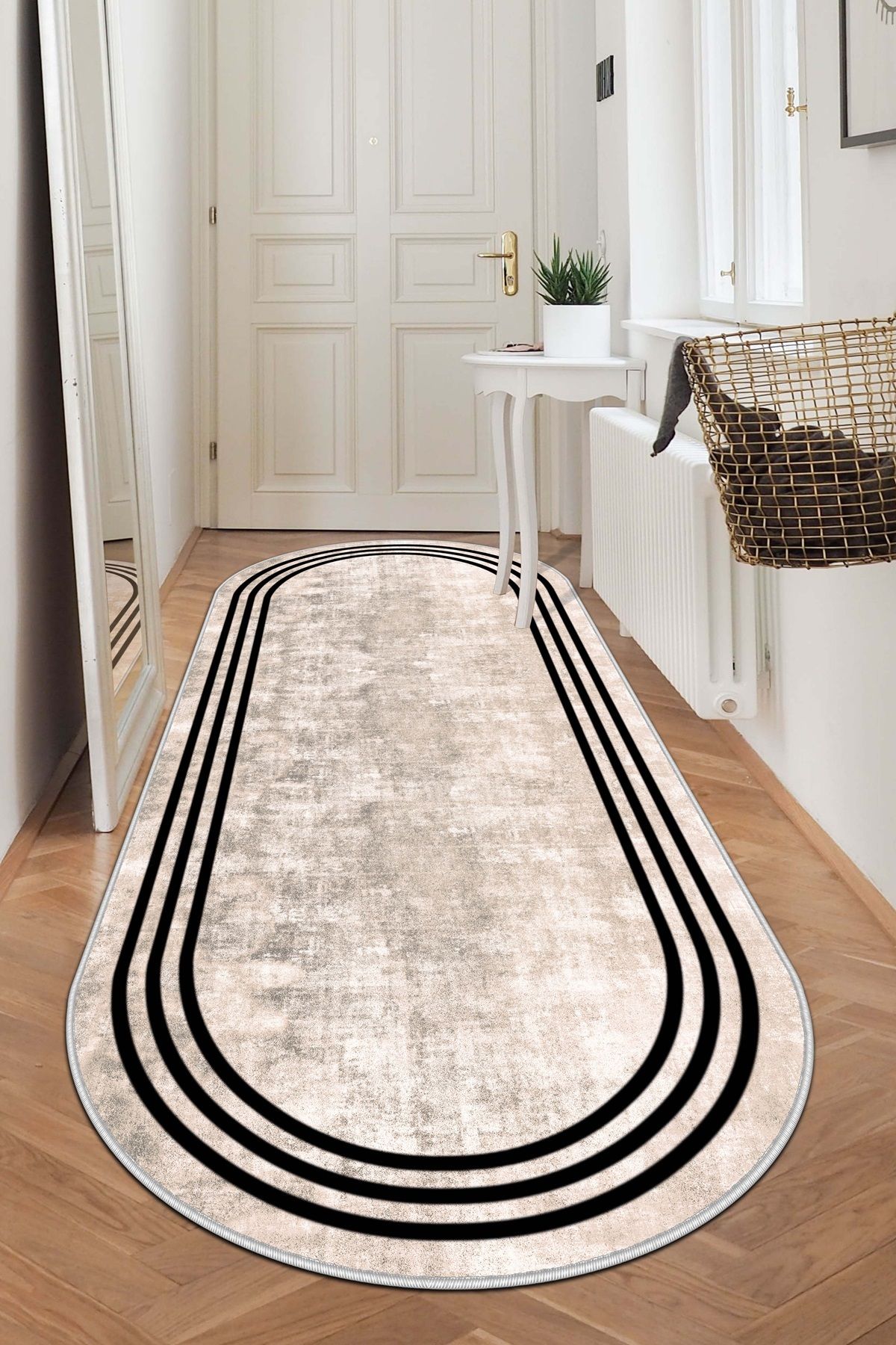 Blue Decortiva Makinede Yıkanabilir Kaymaz Taban Leke Tutmaz Oval Yolluk Ev Dekorasyonu İçin Bej Kesme Yolluk