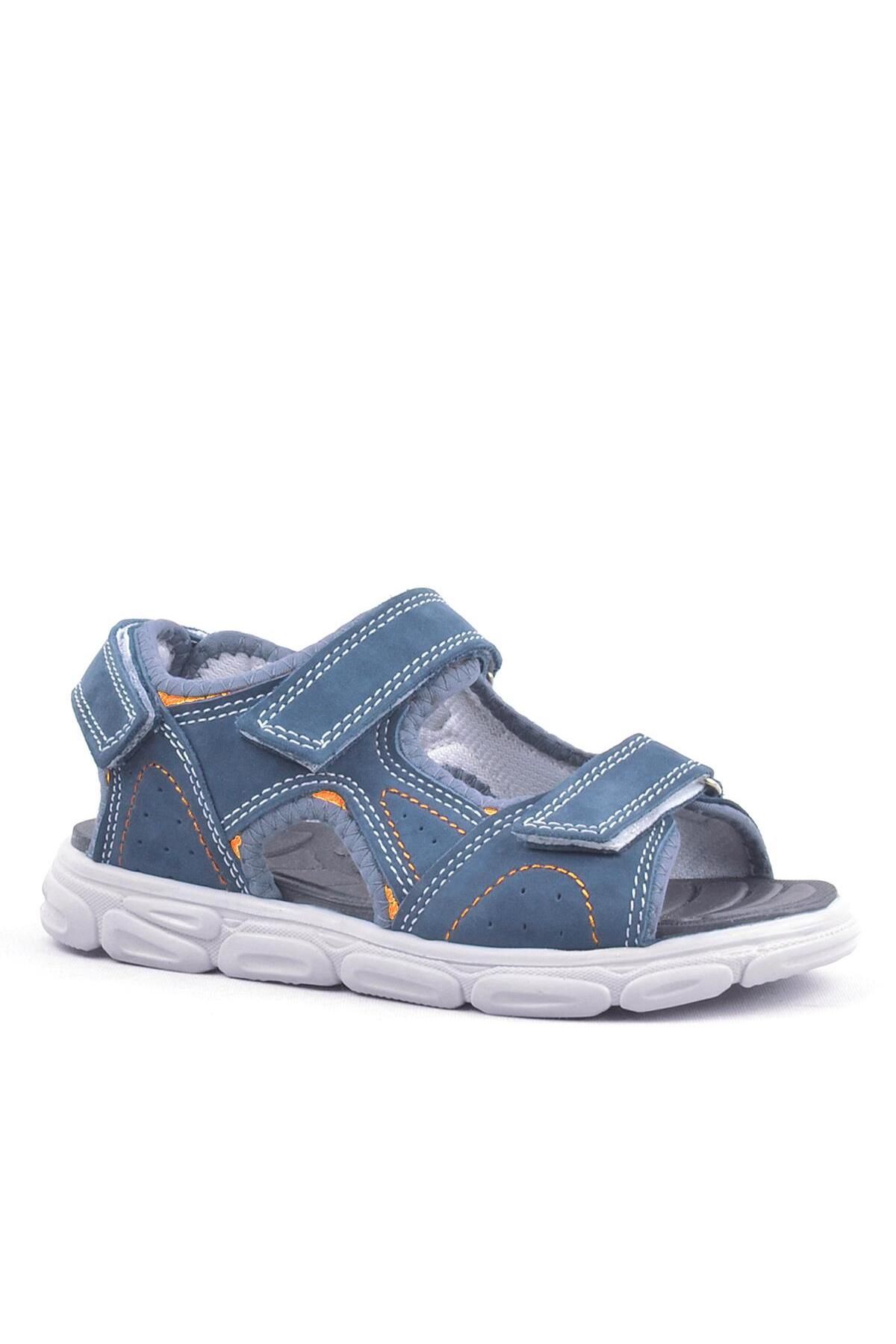 Rakerplus Hakiki Deri Mavi Cırtlı Çocuk Sandalet Ayakkabı