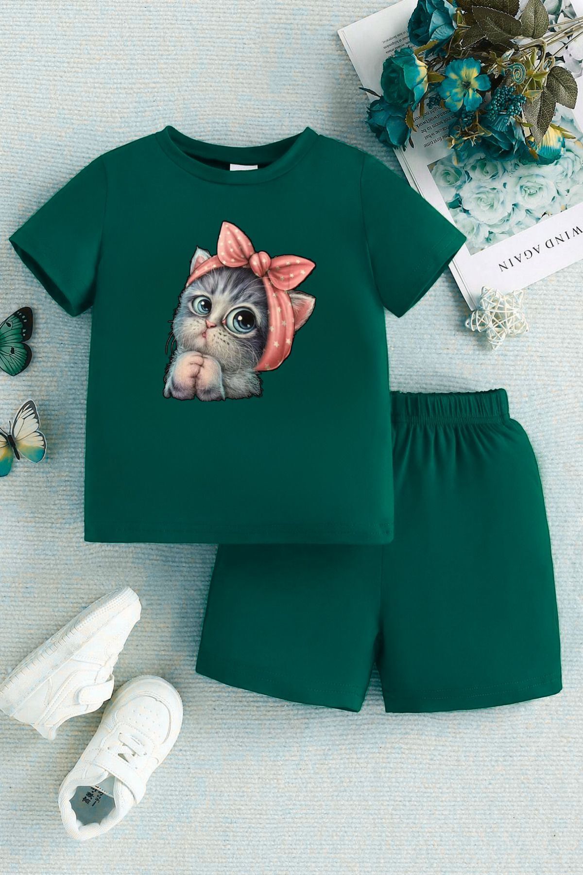 DUBU BUTİK Minik Kedi Baskılı Nefti Yeşil Çocuk Şort T-shirt Takım - Kız Erkek Çocuk Yazlık Bisiklet Yaka