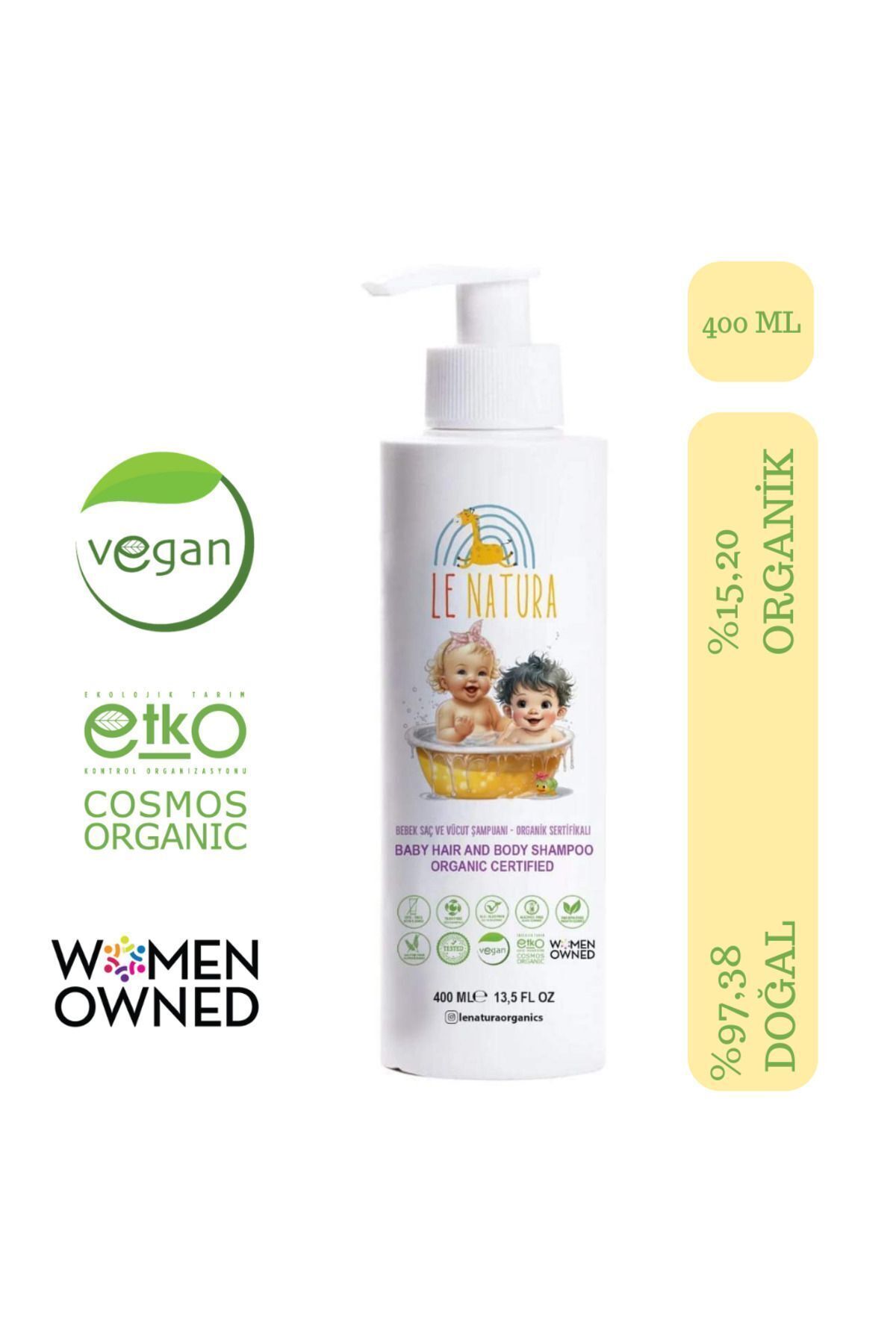 LE NATURA Organik & Vegan Sertifikalı, Glütensiz Bebek Saç Ve Vücut Şampuanı - 400 ml