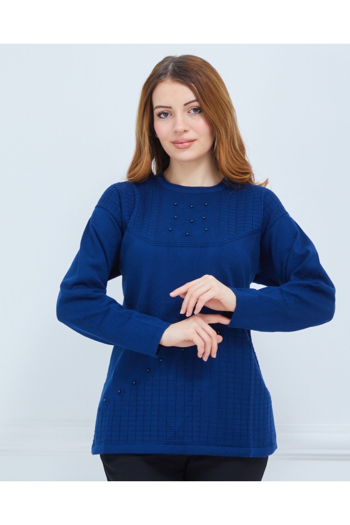 Elçelya Moda Kadın İndigo Mavi Triko Kışlık Orta Yaş Günlük Anne Bluz Kazak
