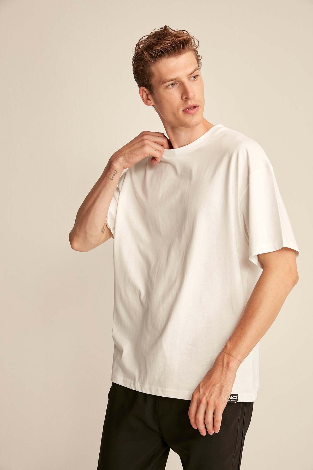 GRIMELANGE Jett Erkek Oversize Fit %100 Pamuk Kalın Dokulu Beyaz T-shirt
