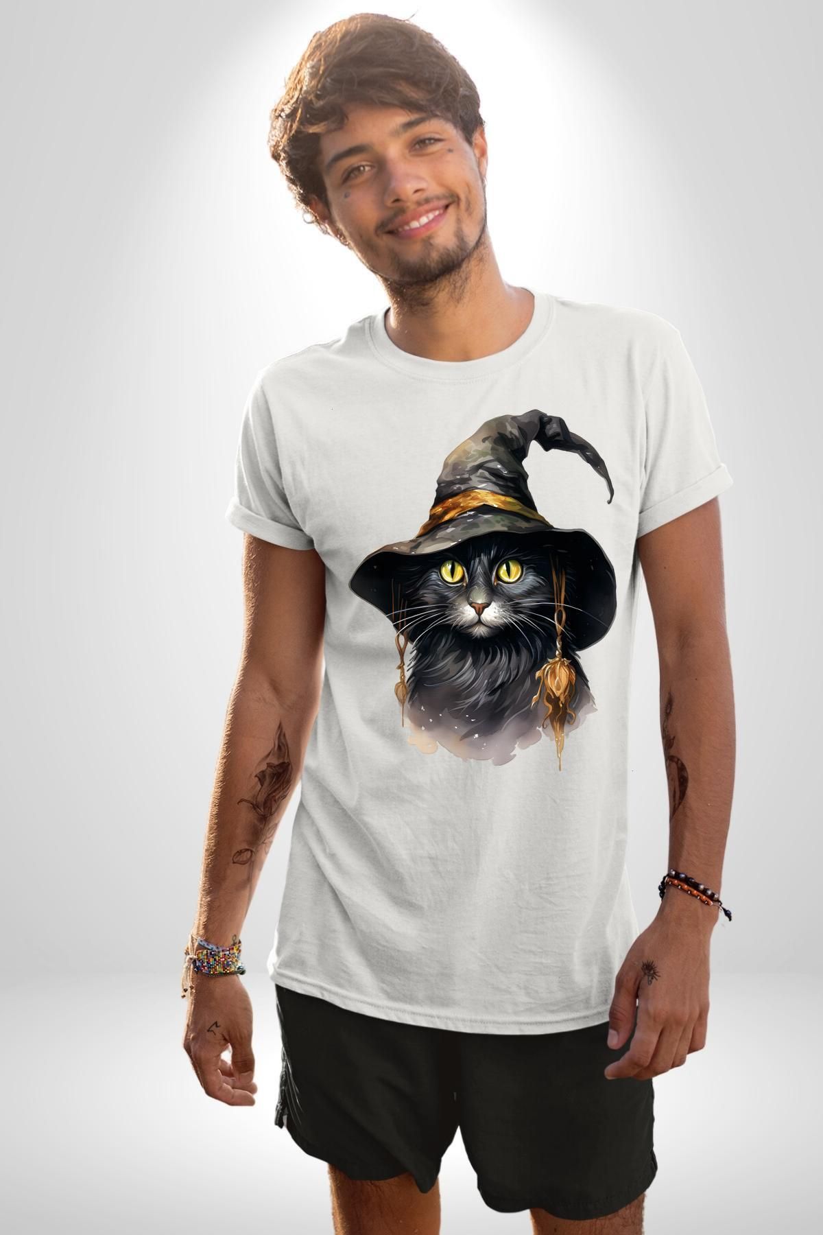 Angemiel Cadı Şapkalı Kedi Siyah Kadın Erkek Unisex Beyaz Organik Baskılı T-Shirt Penye Yüksek Kalite