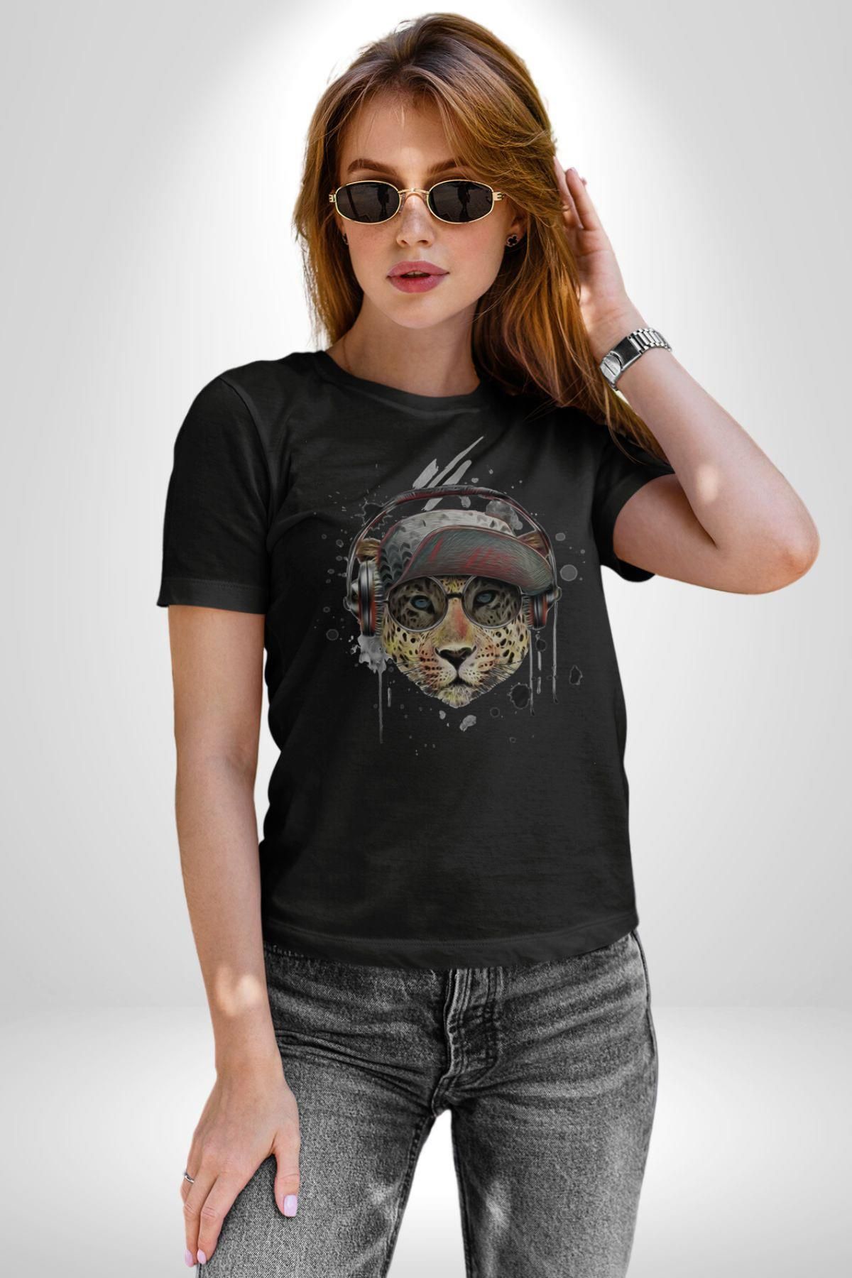 Angemiel Pop Art Kaplan Müzik Kulaklık Güneş Gözlüğü Kadın Erkek Unisex Siyah Organik Baskılı T-Shirt Penye Y