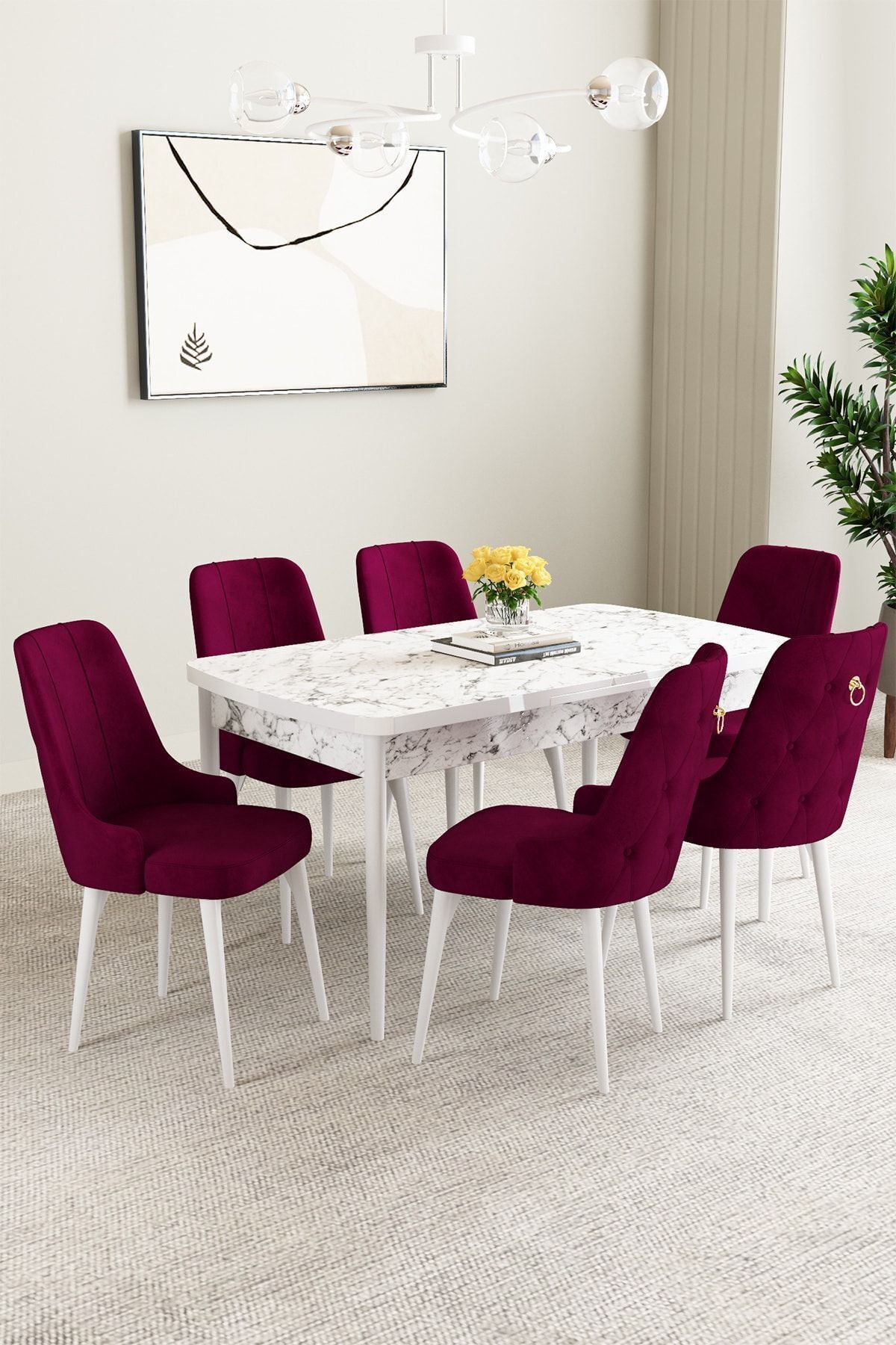 hoopsii Clara Beyaz Mermer Desen 80x132 Açılabilir Mutfak Masası Takımı 6 Adet Sandalye