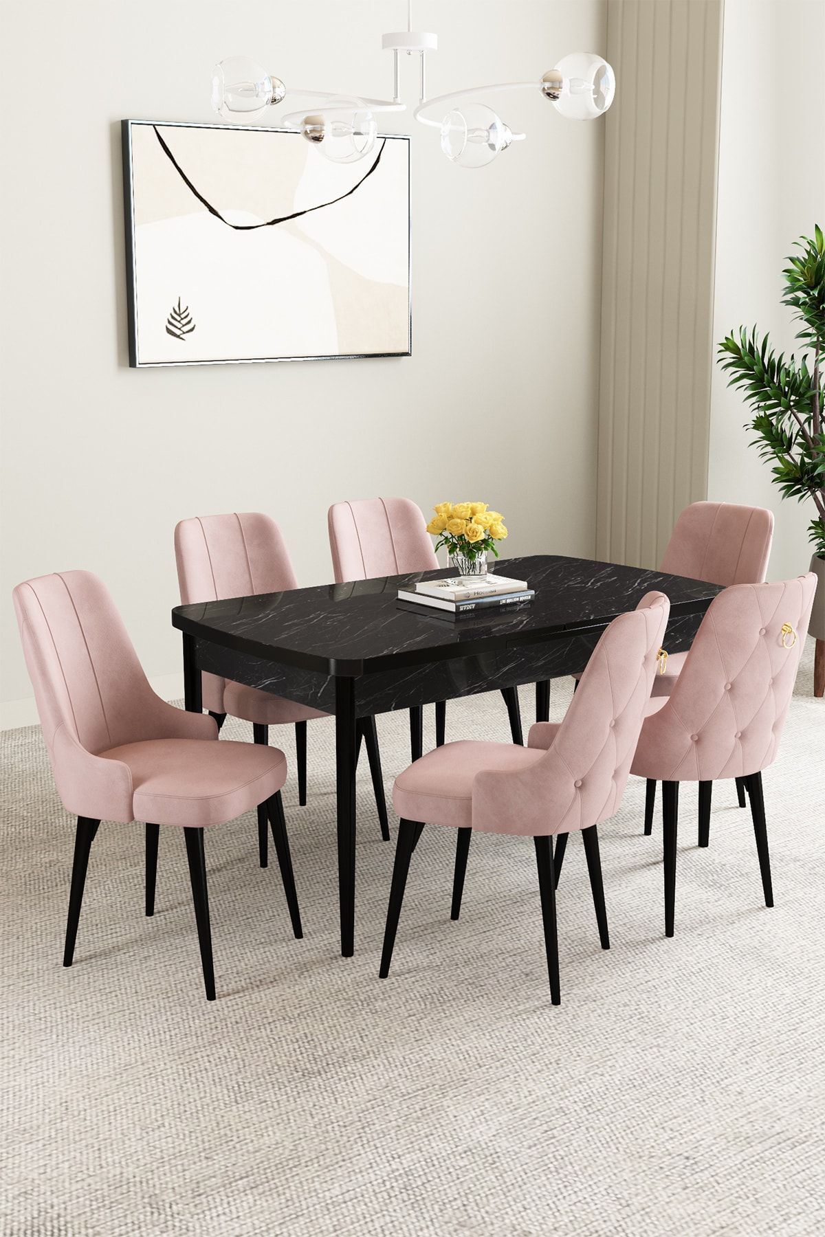 hoopsii Clara Siyah Mermer Desen 80x132 Açılabilir Mutfak Masası Takımı 6 Adet Sandalye