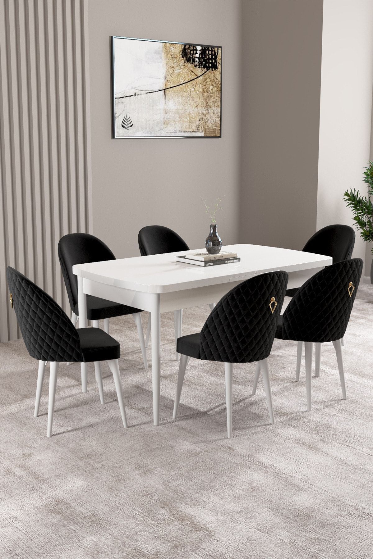 hoopsii Milas Beyaz 80x132 Mdf Açılabilir Yemek Masası Takımı 6 Adet Sandalye