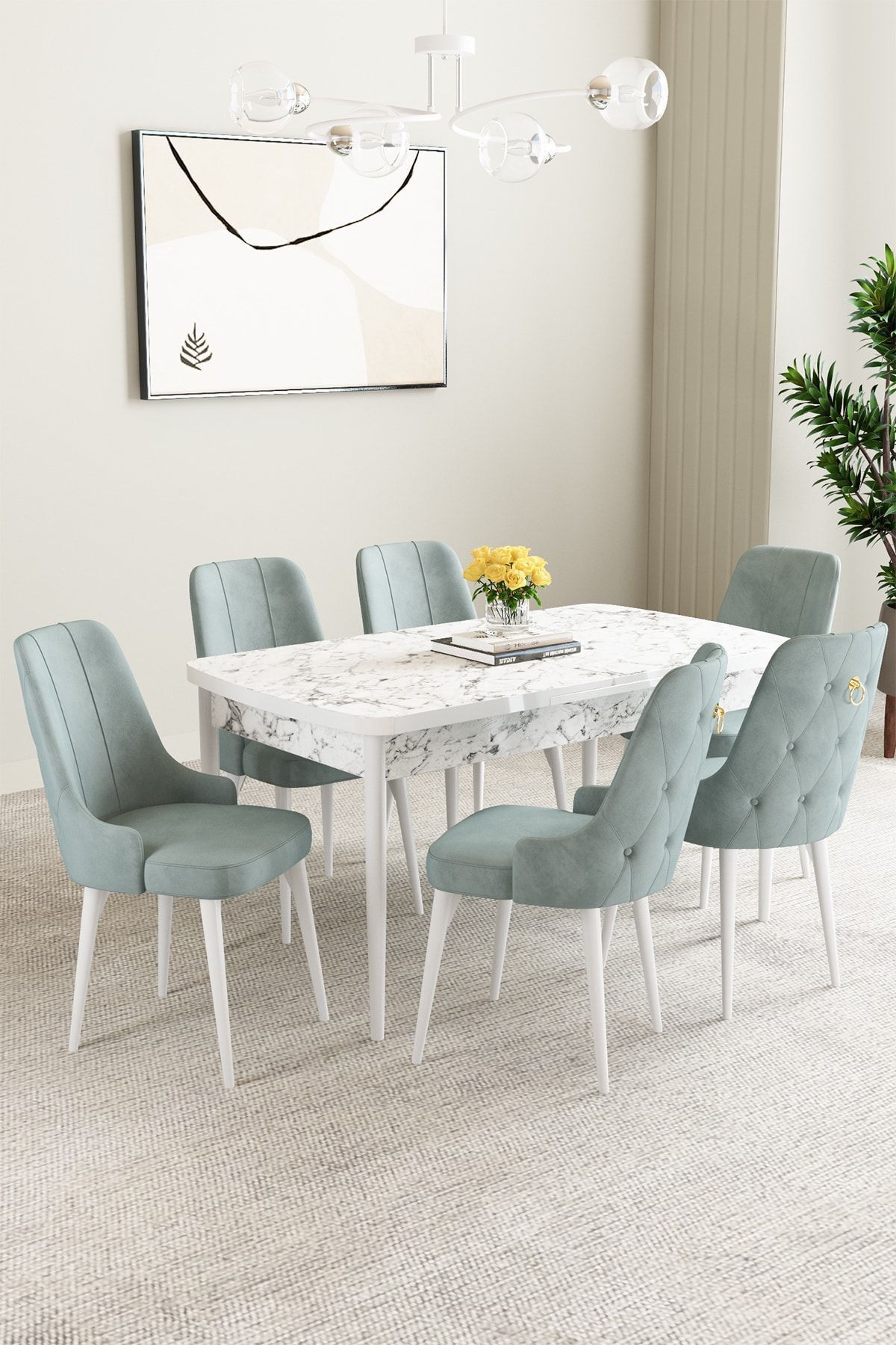 hoopsii Clara Beyaz Mermer Desen 80x132 Açılabilir Mutfak Masası Takımı 6 Adet Sandalye