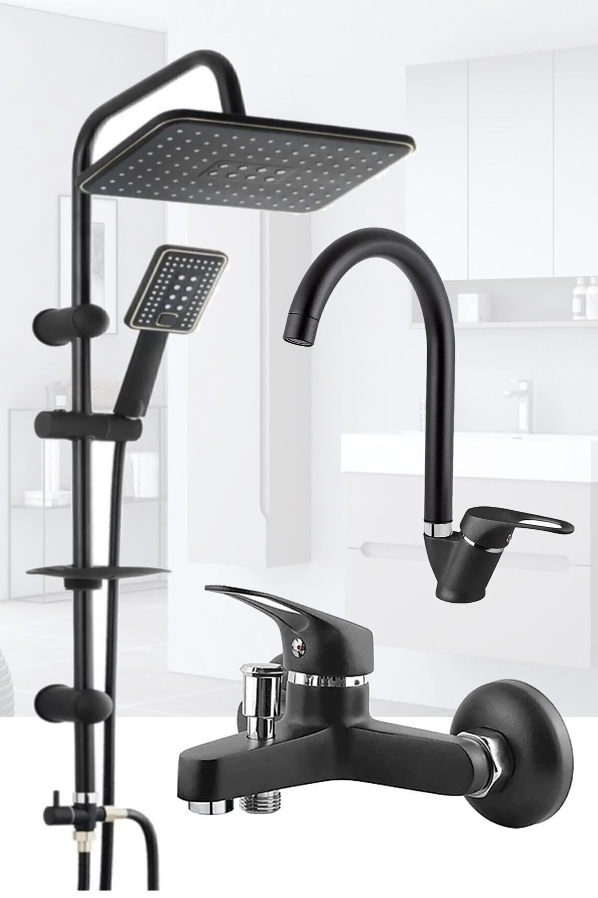 VSA Siyah Robot Yağmurlama Duş Seti Mix Siyah Banyo Lavabo Bataryası Seti