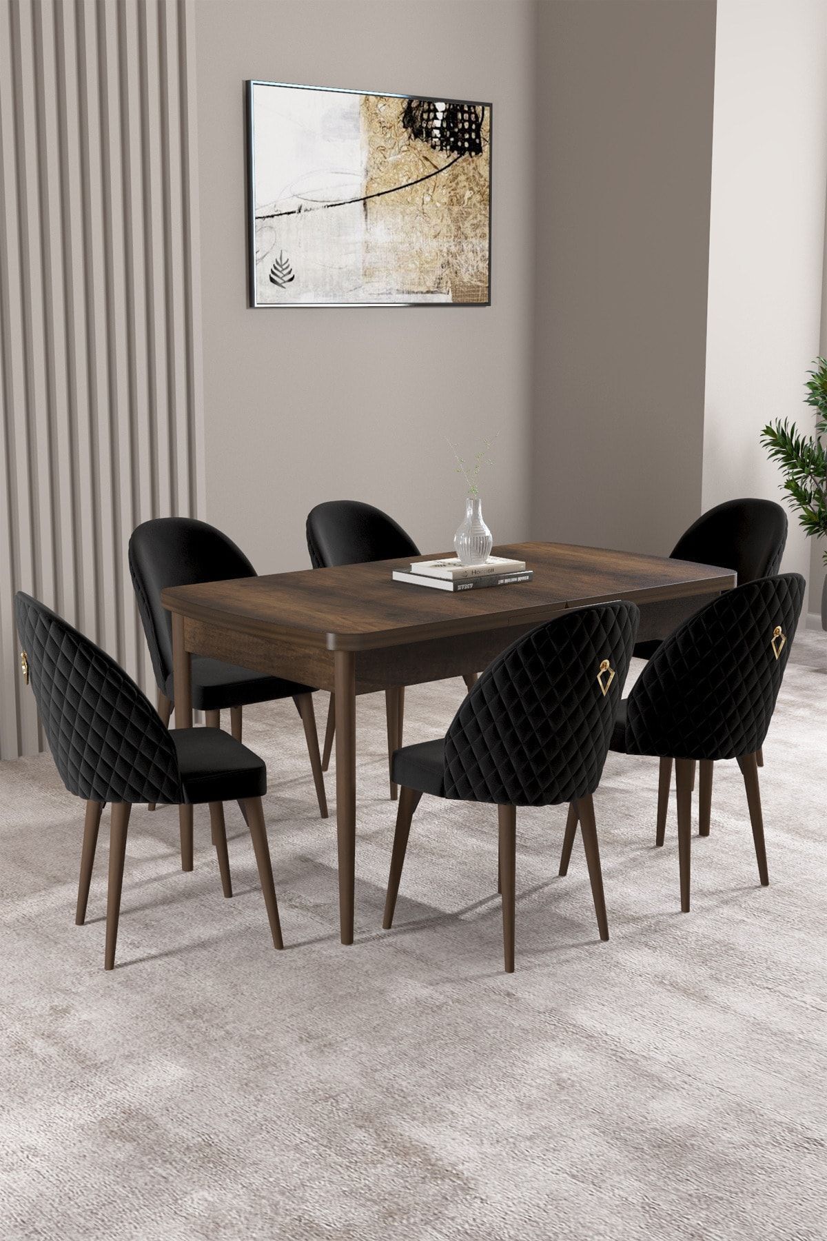 hoopsii Milas Barok Desen 80x132 Mdf Açılabilir Mutfak Masası Takımı 6 Adet Sandalye