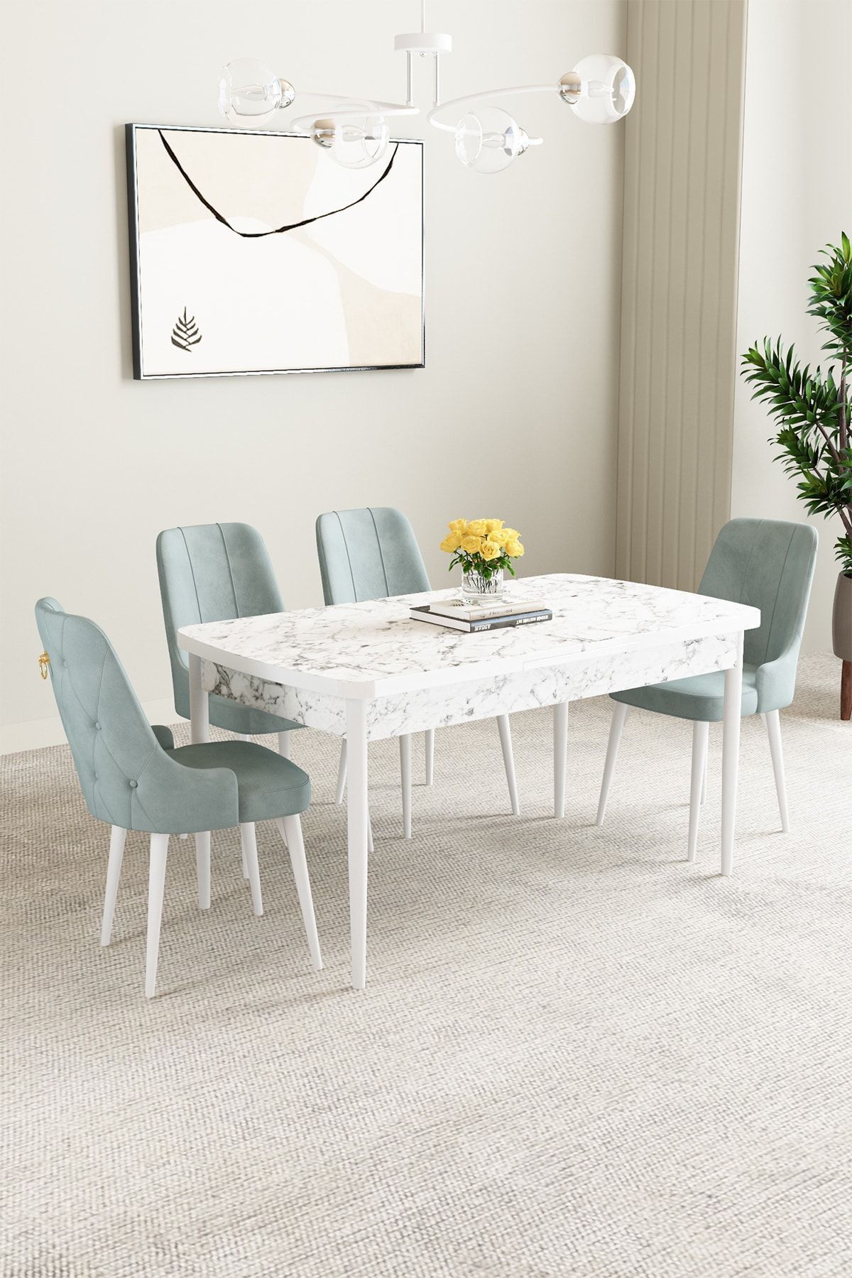 hoopsii Clara Beyaz Mermer Desen 80x132 Açılabilir Mutfak Masası Takımı 4 Adet Sandalye