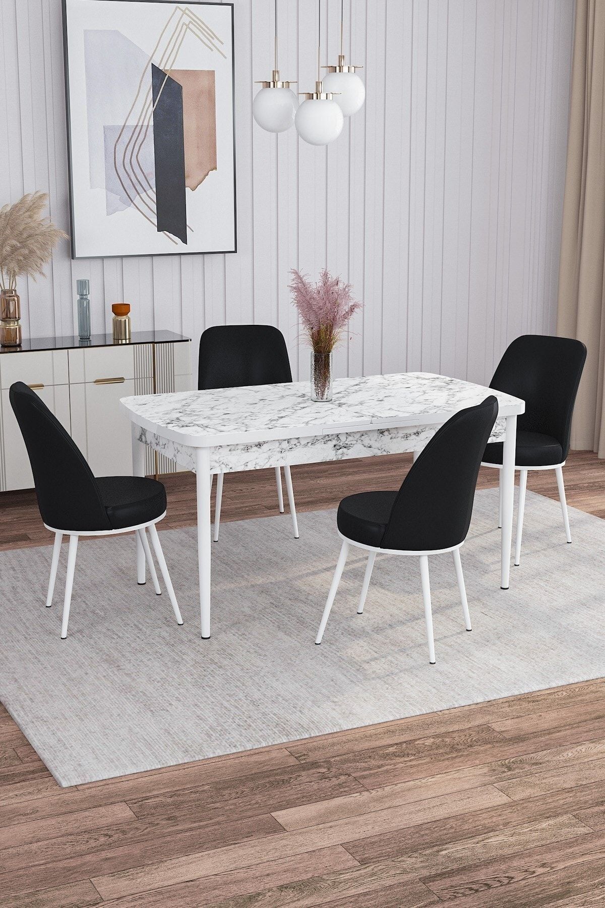Rovena Marin Beyaz Mermer Desen 80x132 Açılabilir Mutfak Masası Takımı 4 Adet Sandalye