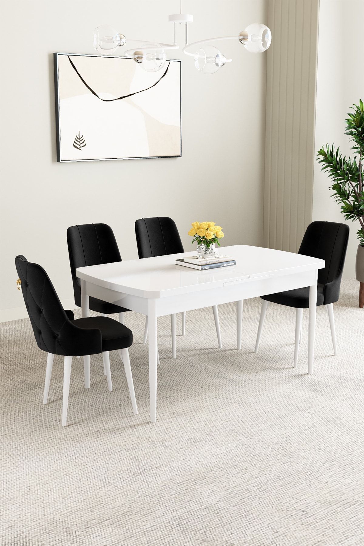 hoopsii Clara Beyaz 80x132 Açılabilir Mutfak Masası Takımı 4 Adet Sandalye