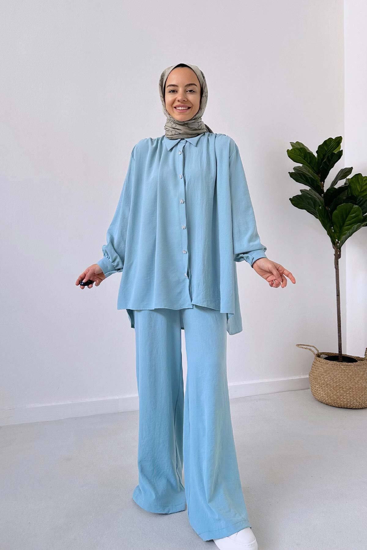 Ka Hijab Omuz Pileli Oversize Takım - Mavi