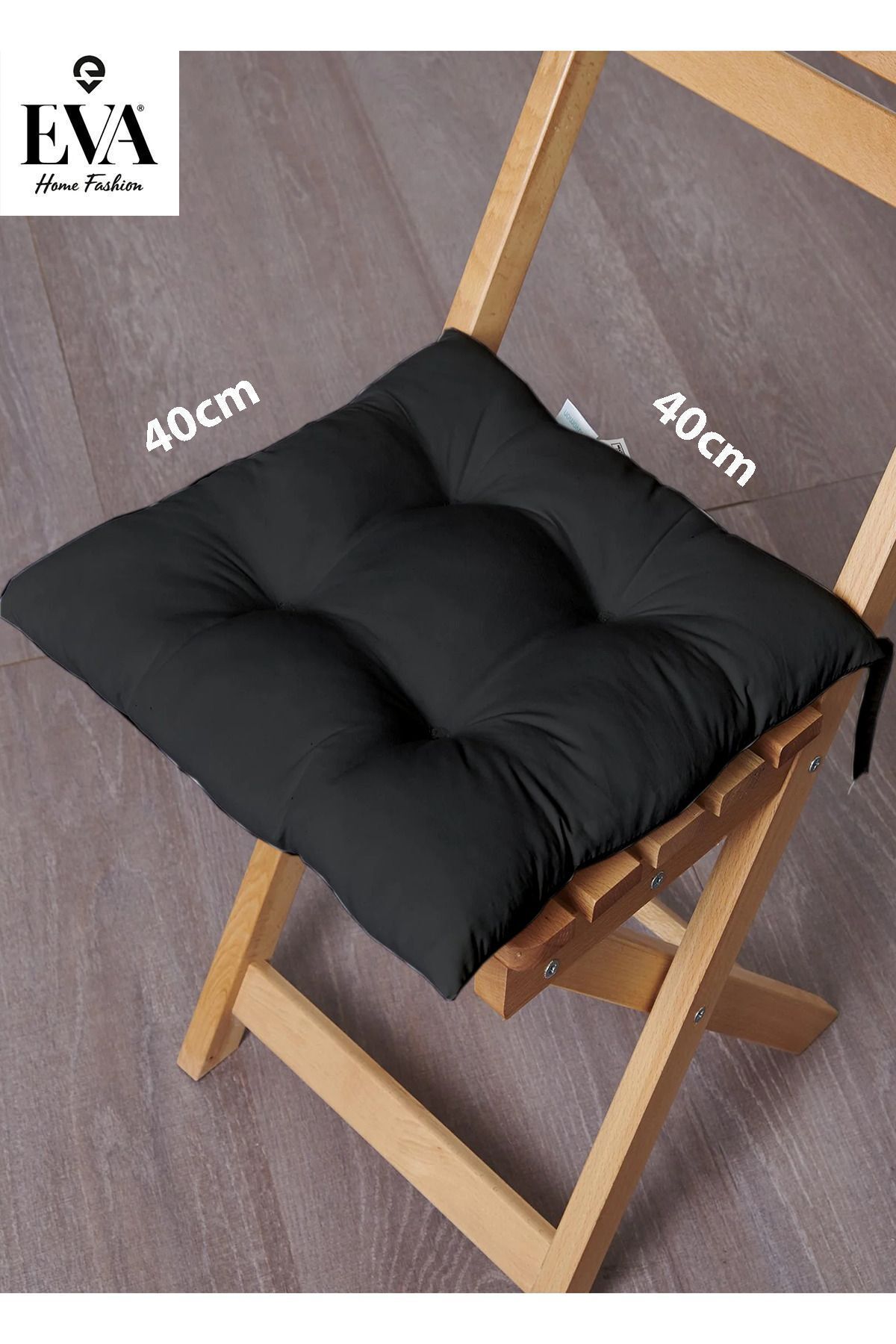 EVA Siyah Renkli Özel Dikim Bağcıklı Pofuduk Sandalye, Koltuk, Tabure Minderi 40x40 Cm