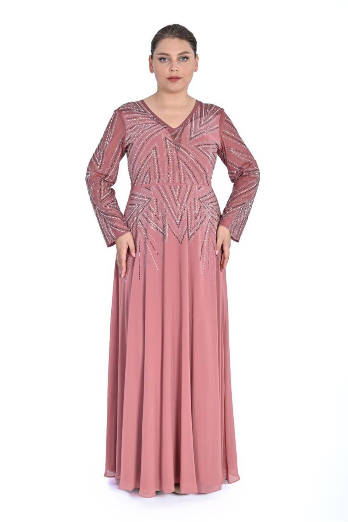Laviana Kollu Swarovski Taş Nakiş İşlemeli Kumaş Multi Şifon Abiye Elbise