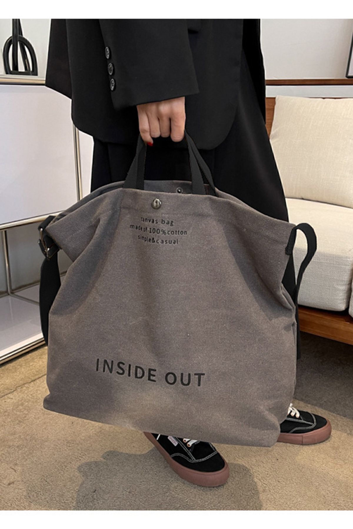 DE PLEIN Inside Out Kolay Kombin Kanvas Tote Gri Büyük Omuz Çantası Kadın Boz Çiyin Çantaları Tote Bag