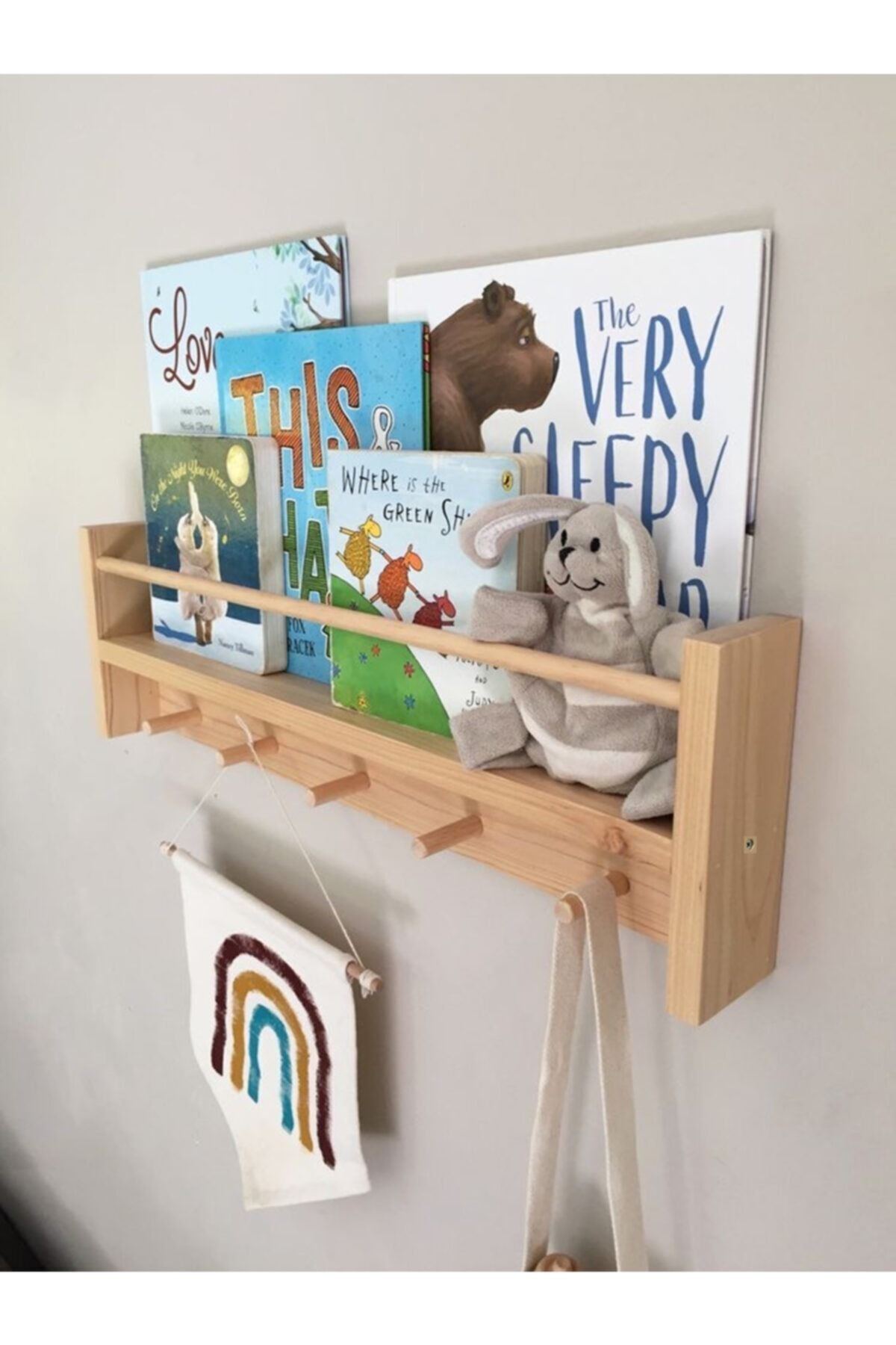 OlcayAksesuar Doğal Ahşap Montessori Kitaplık Çocuk Bebek Odası Askılık Duvar Rafı Yan Uzun