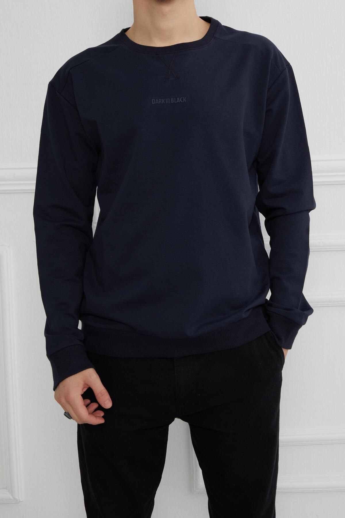 Five Pocket Hscstore Erkek Baskılı Basic Lacivert Sweatshirt - 6016