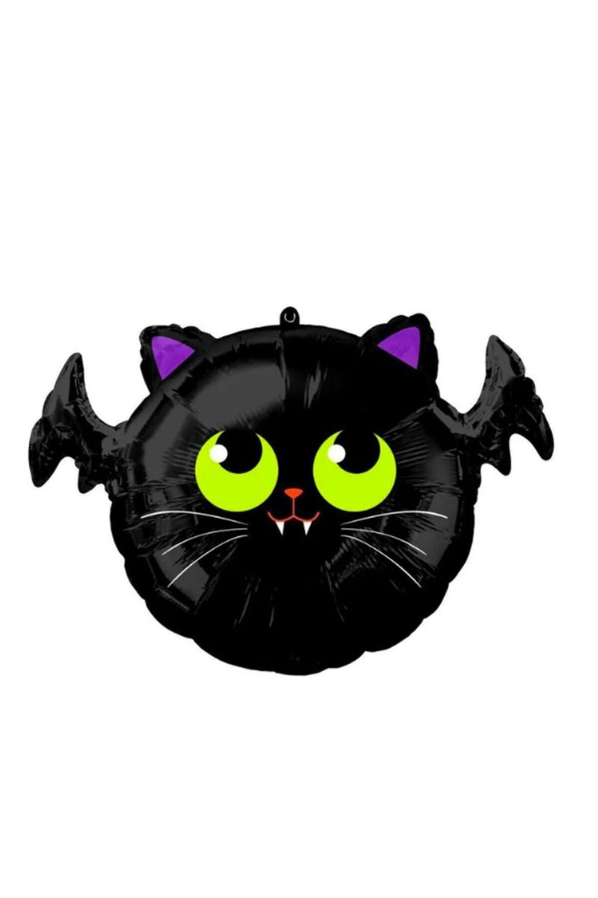 partidolu Halloween Sevimli Siyah Kedi Yarasa Şeklinde Folyo Balon 75 X 60 Cm 1 Adet