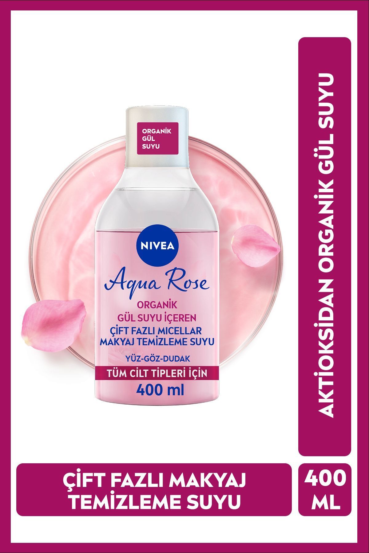 NIVEA Aqua Rose Micellar Gül Suyu Çift Fazlı Makyaj Temizleme Suyu 400ml, Yüz Göz Ve Dudak, Nemlendirici