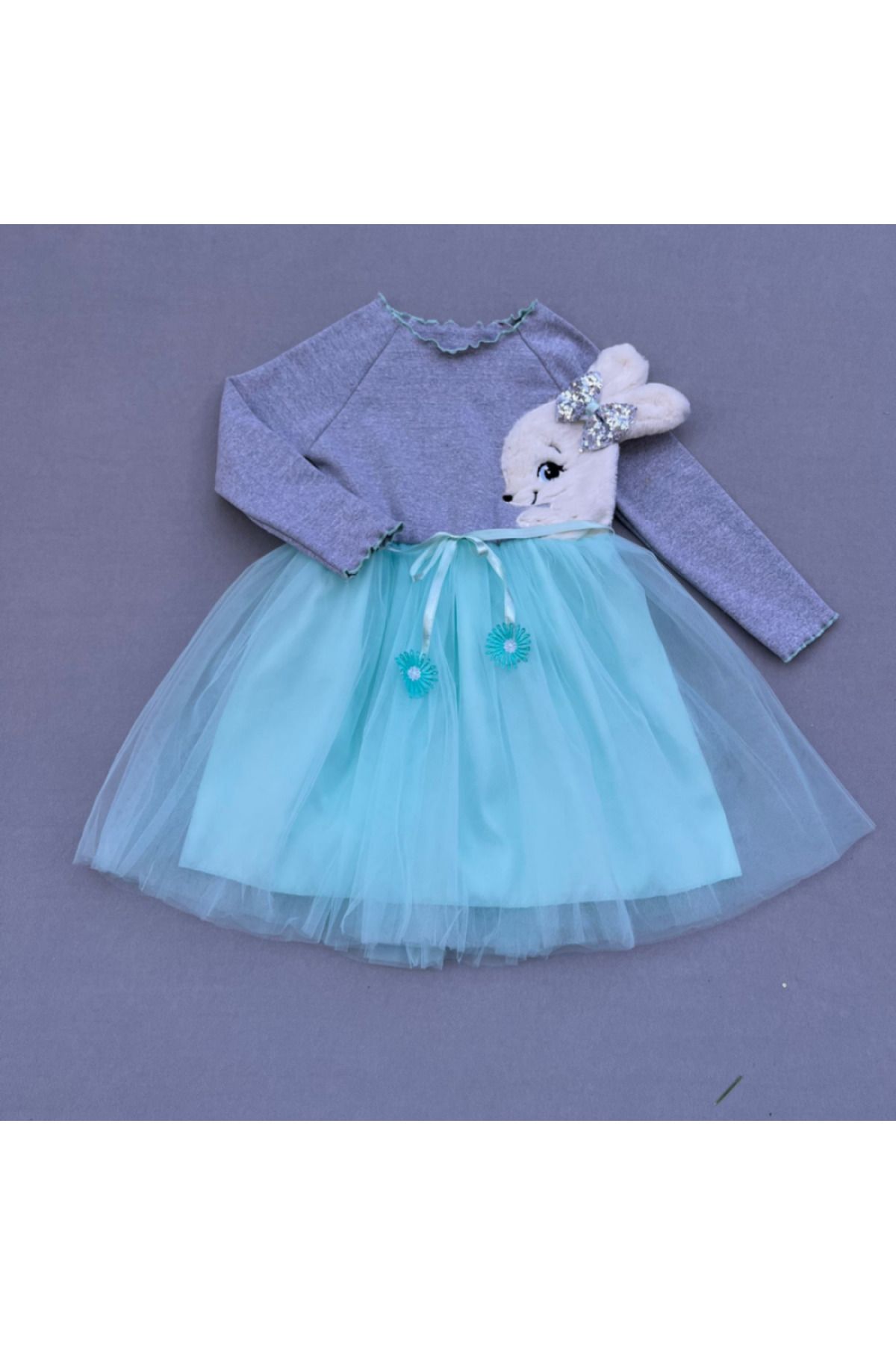 Genel Markalar Pelüş Tavşan Desenli Kurdela Kuşaklı Astarlı Kız Çocuk Tütü Elbise