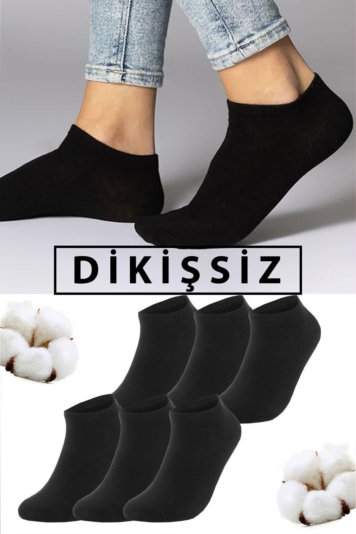 Lvari Unisex 6 Çift Dikişsiz Pamuklu Siyah Patik Çorap