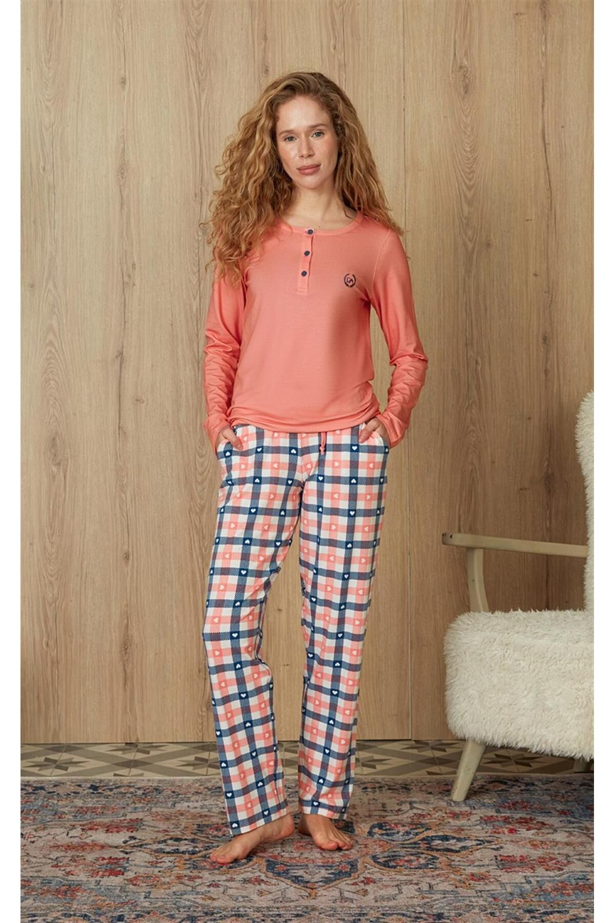 Doreanse Büyük Beden Kadın Kareli Kalp Desenli Somon Renk Pijama Takımı4254p