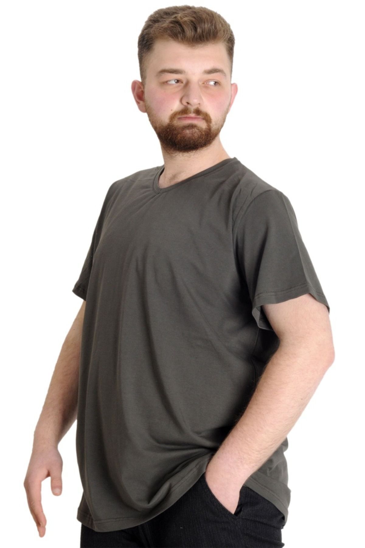 Modexl Mode Xl Büyük Beden T-shirt V Yaka Likralı 20150 Haki