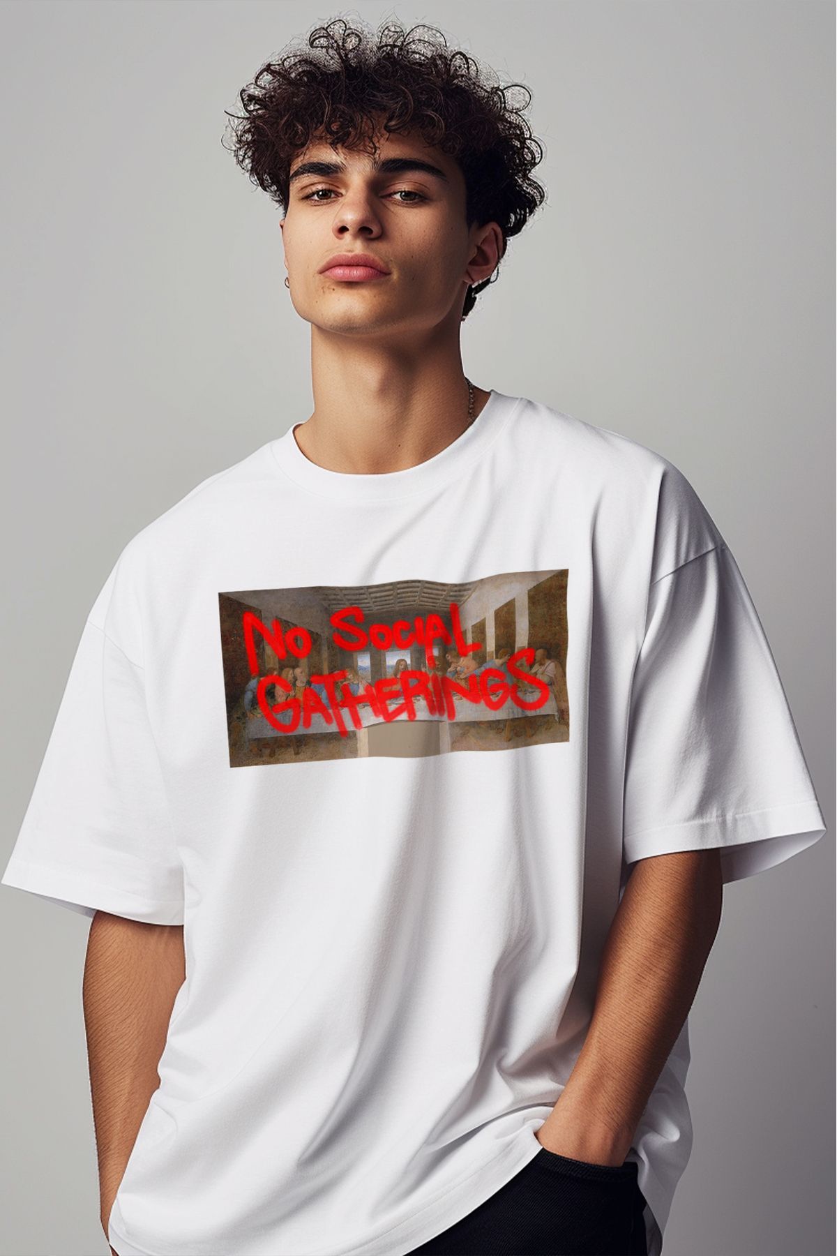 Eazy Co Eazy Beyaz No Social Gatherings Unisex Oversize Baskılı Kısa Kollu T-shirt