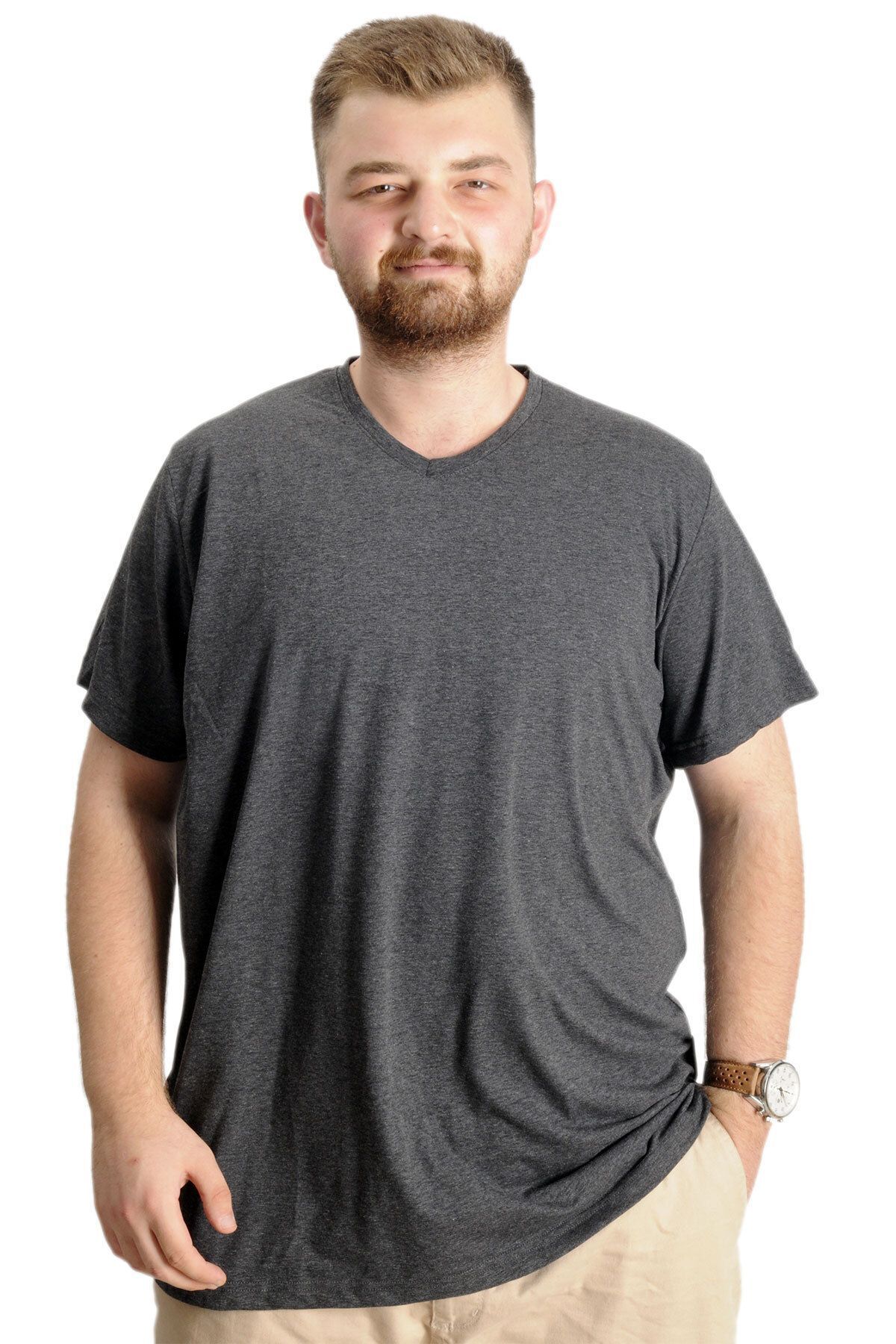 Modexl Mode Xl Büyük Beden Erkek T-shirt Super V Yaka Basic 20150 Antramelanj