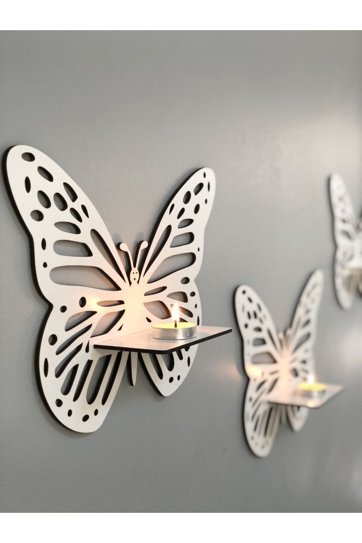 MONALİKA Dekoratif Beyaz Kelebek Duvar Rafı 3'lü Set