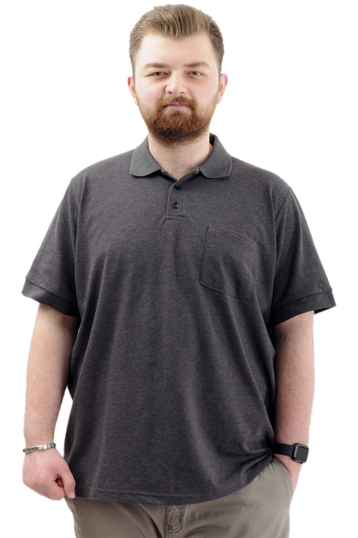 Modexl Mode XL Büyük Beden Erkek T-Shirt Polo Yaka Cepli Klasik 20550 Antramelanj