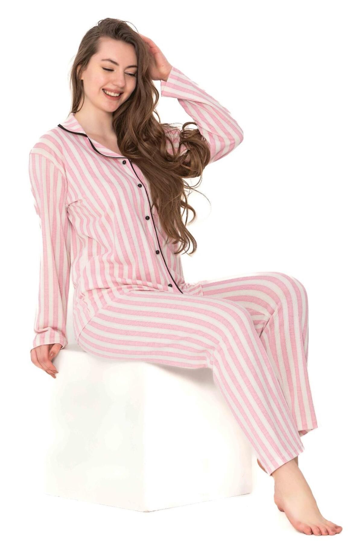 CALİA Kadın Önden Düğmeli Uzun Kollu Poplin Penye Pijama Takımı