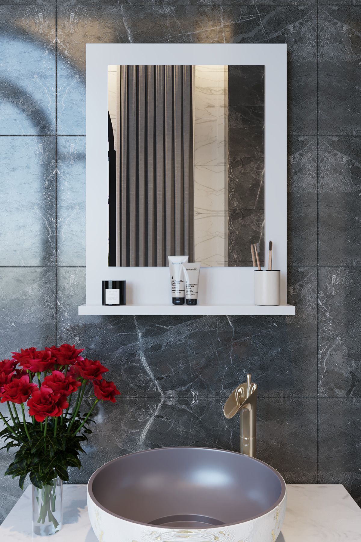 makbulce Safir Banyo Aynası, Dresuar,60x45 Beyaz Raflı Banyo Aynası