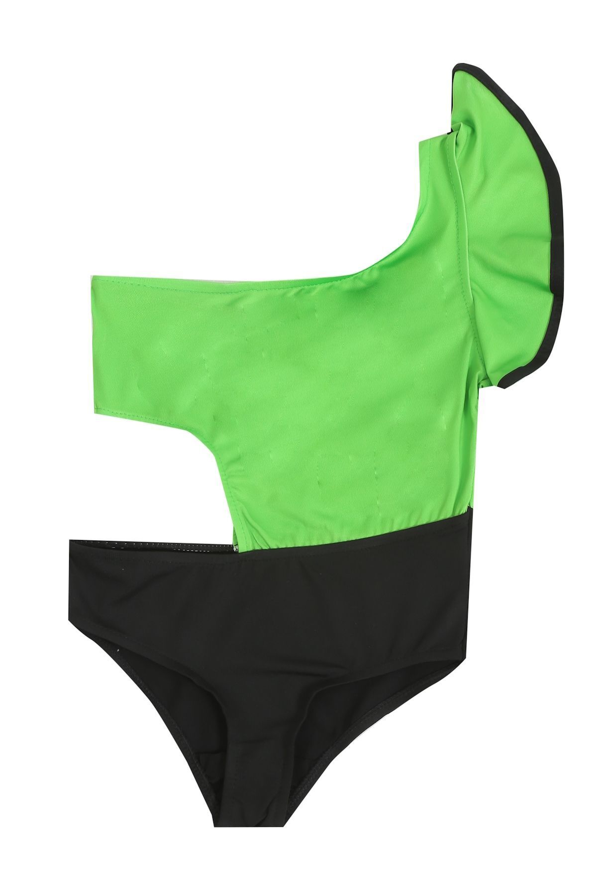 Papiş Kız Çocuk Mayo Yeşil Siyah Renkli Fırfır Kollu Bikini Fırfır Detaylı Kız Çocuk Deniz Havuz Mayosu