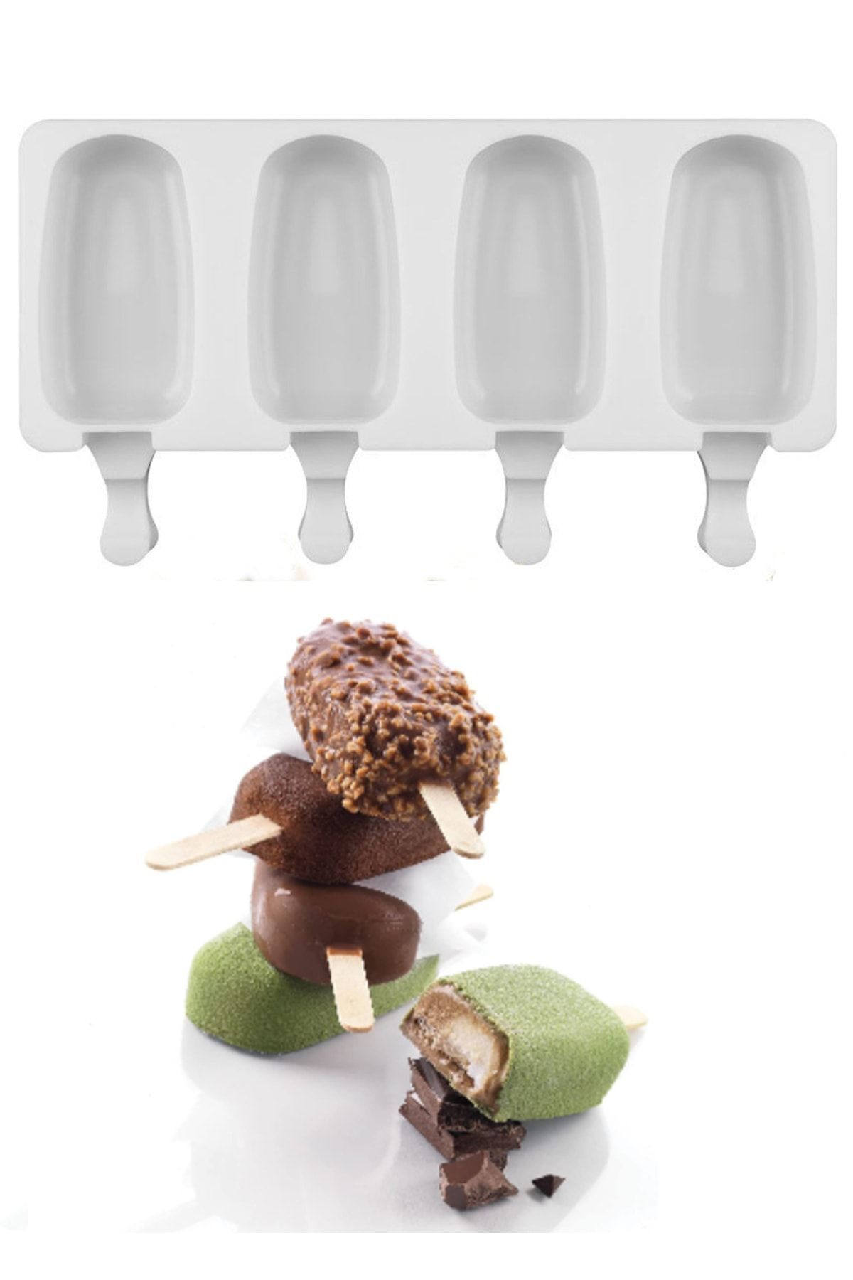 EARABUL Arispa Magnum Dondurma Kalıbı Ve 50 Adet Ahşap Çubuk -4'lü Büyük Boy Pratik Silikon Dondurma Kalıbı