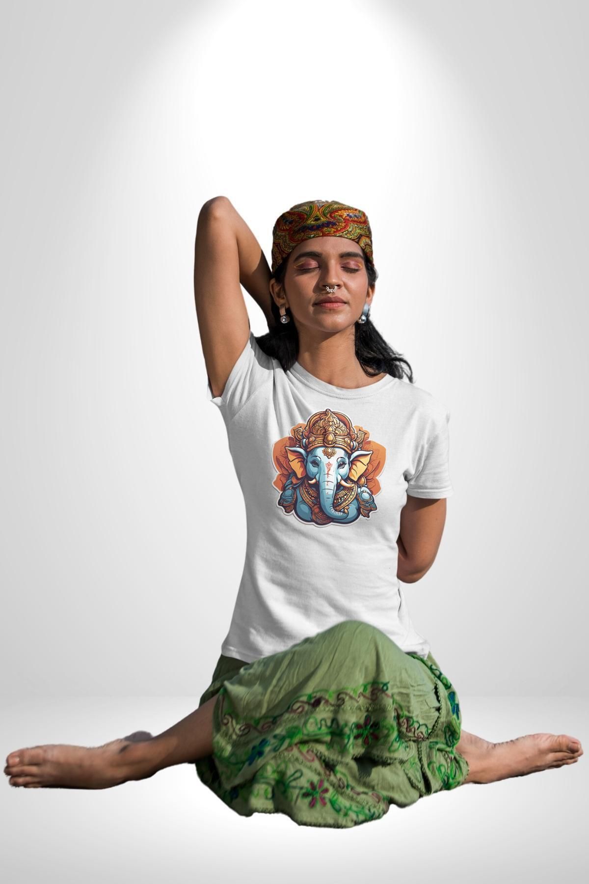 Angemiel Hindu Fil Bereket Tanrısı Kadın Erkek Unisex Beyaz Organik Baskılı T-Shirt Penye Yüksek Kalite