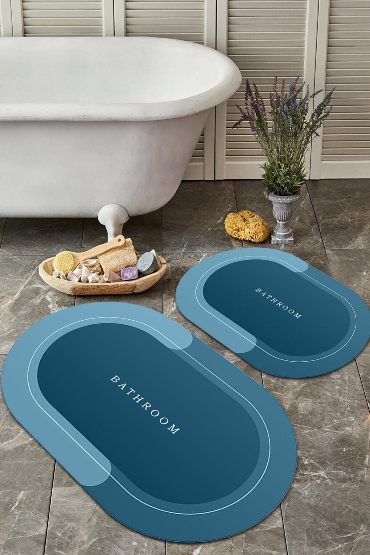WOOLLY HOME COLLECTİON Bathroom Yazılı Şeritli Mavi 2'li Halı Takımı (60x100/40x60) - Wllybny-109